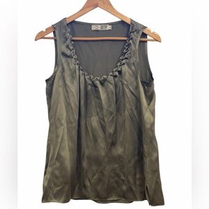 GO BY GO SILK Olive Satin Ruffle-Trim Sleeveless Camisole